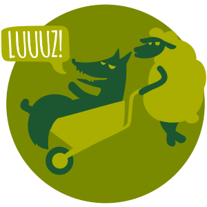 Na zdjęciu znajduje się owca z taczką